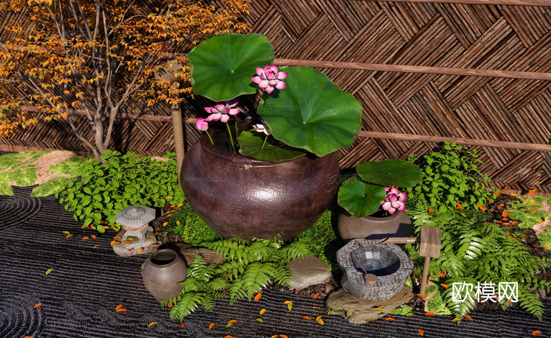 新中式庭院小品 禅意荷花水缸水景 日式水缸水钵小品 庭院流水su模型