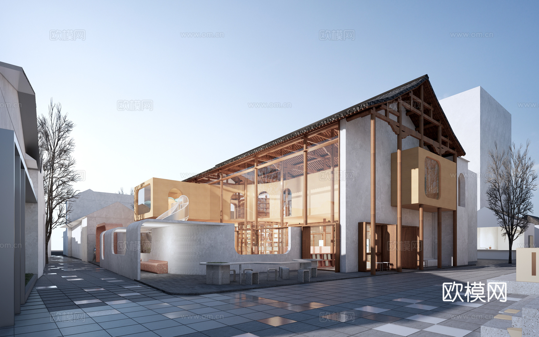 现代书店建筑 民宿建筑 文创建筑 古建筑改造 咖啡厅建筑su模型
