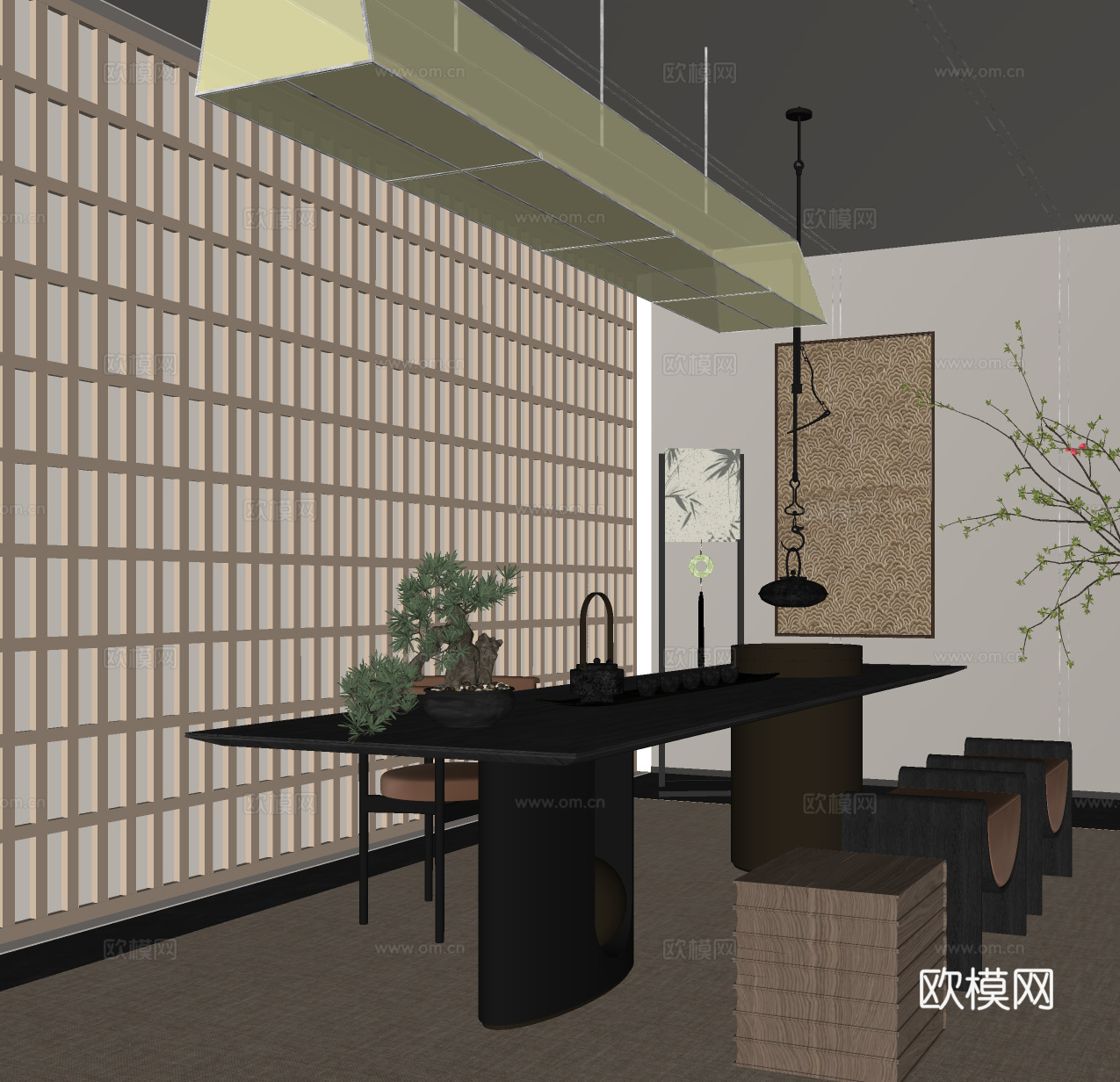 新中式茶室 室内茶室 茶桌椅组合 吊灯 茶具组合 落地灯su模型