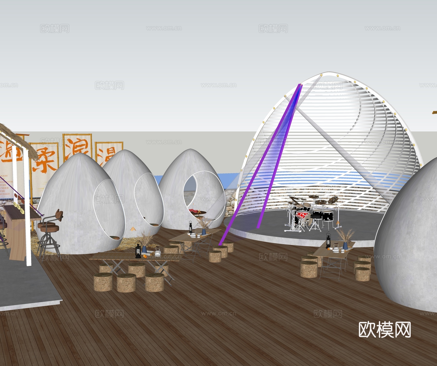 现代商业外摆  户外露营风营地 户外餐厅su模型