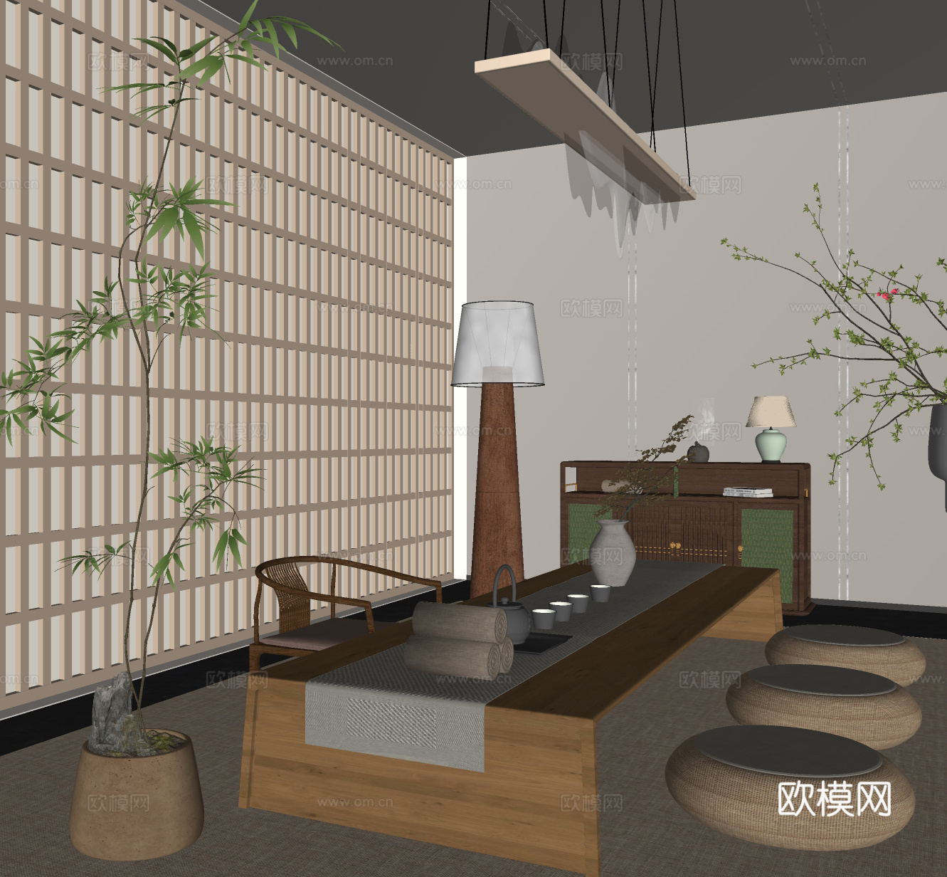 新中式茶室 榻榻米茶室 家居茶室 斗柜边柜 吊灯 落地灯su模型