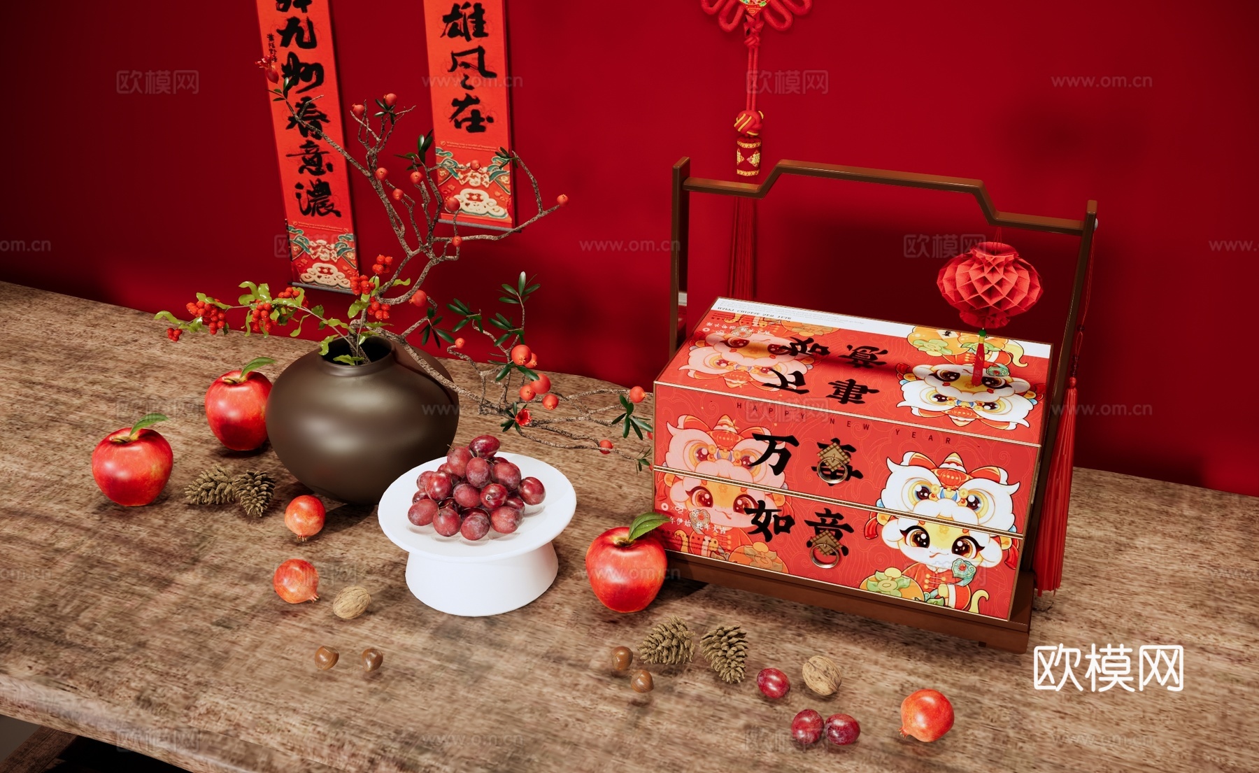 新中式摆件组合 新年氛围装饰摆件 春节对联中国节 新年节日礼su模型