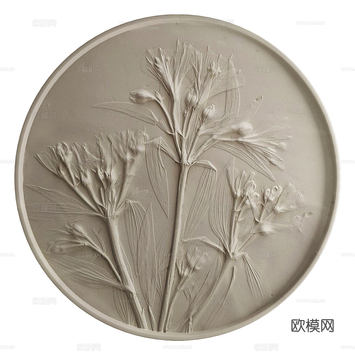 新中式植物圆形浅浮雕装饰板3d模型