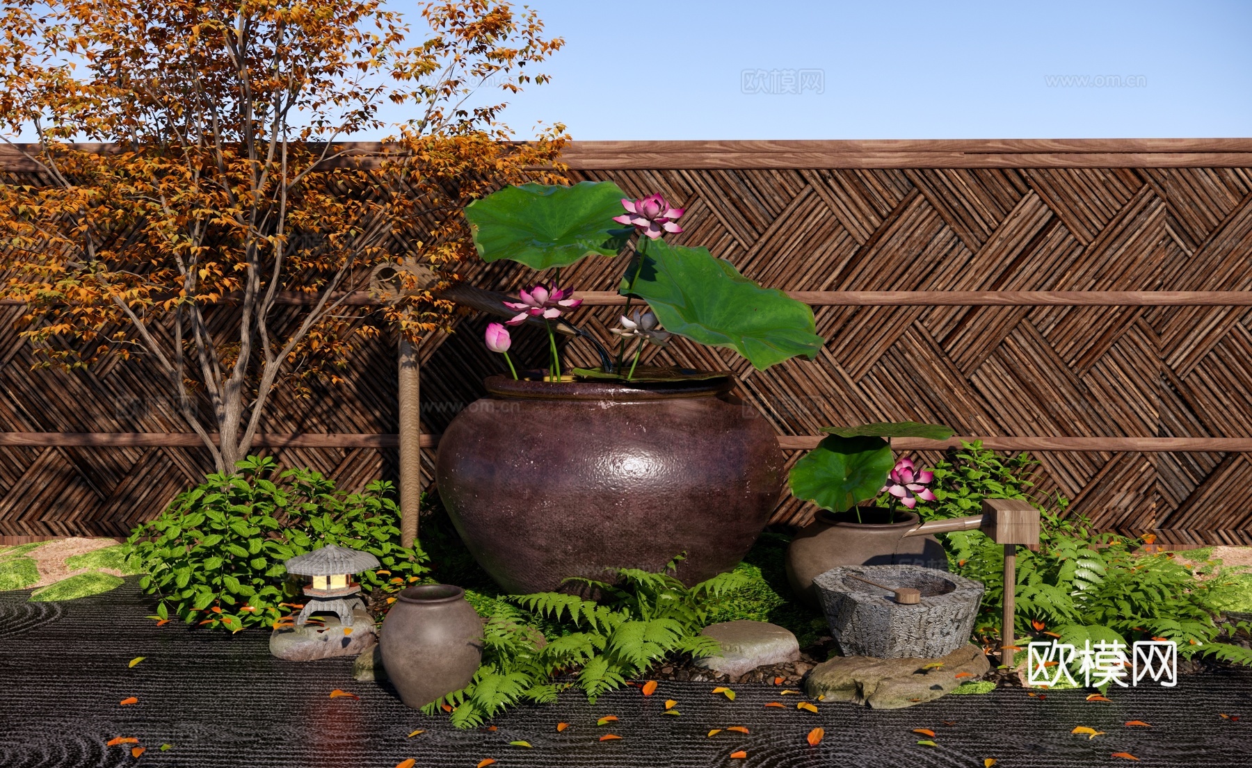 新中式庭院小品 禅意荷花水缸水景 日式水缸水钵小品 庭院流水su模型