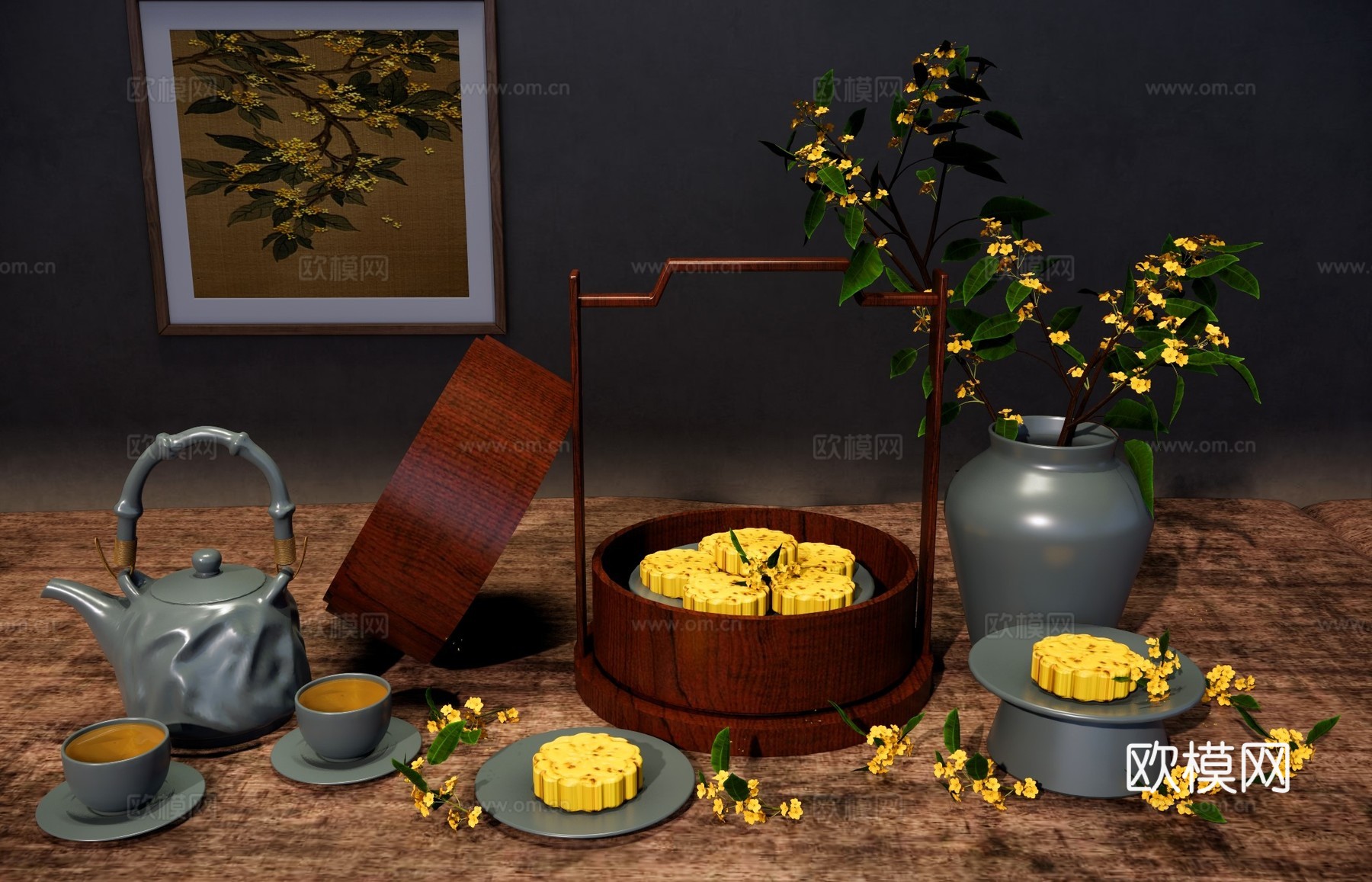 新中式摆件组合 中秋节桂花糕 中式点心糕点 中秋月饼食盒su模型