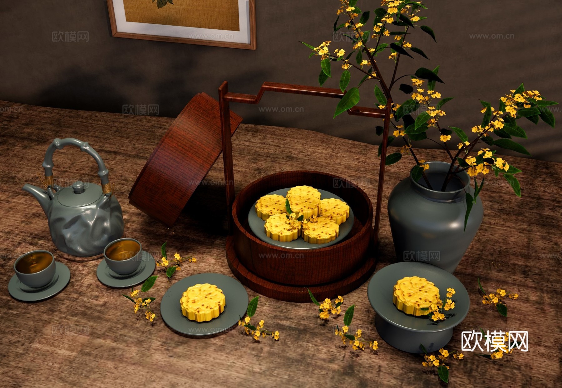 新中式摆件组合 中秋节桂花糕 中式点心糕点 中秋月饼食盒su模型