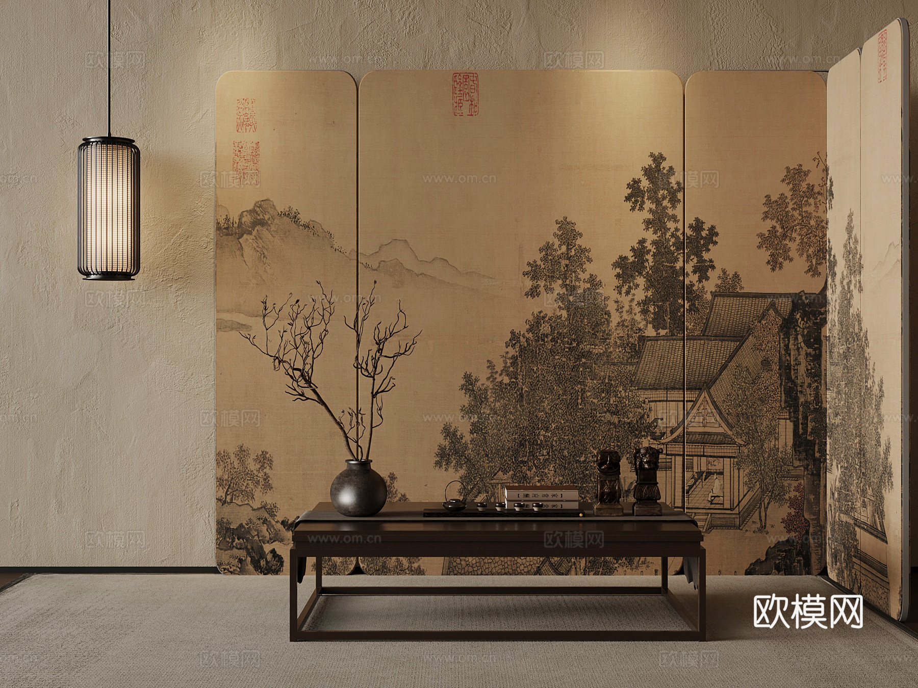 05新中式屏风 茶几 吊灯3d模型