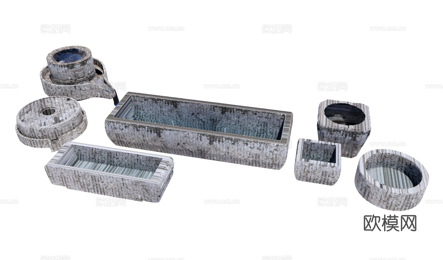 新中式庭院小品 庭院石槽小品 乡村石磨小品 石槽石臼水槽 石su模型