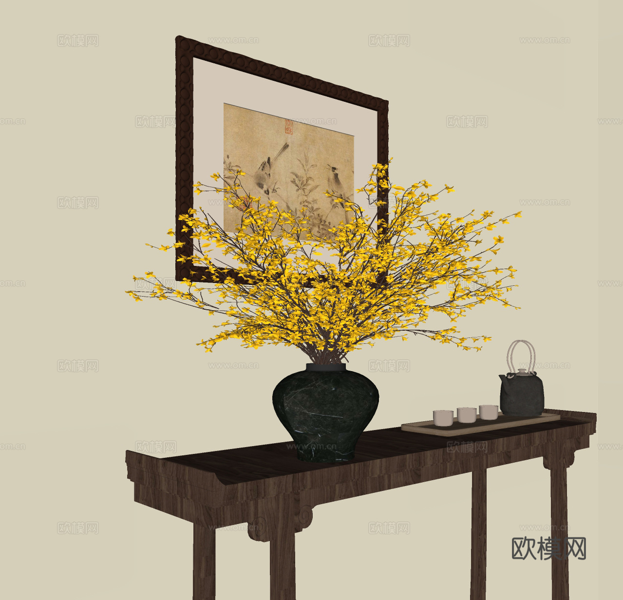 新中式花艺 花艺花瓶 插花花艺 中式插花 条案 端景台su模型