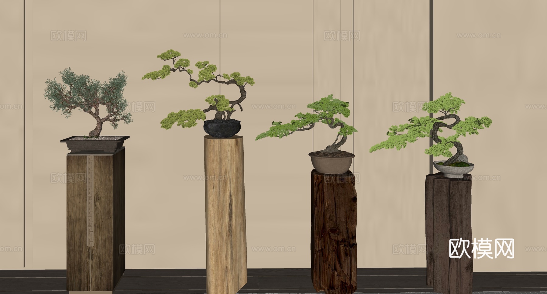 新中式花艺摆件 花艺盆栽 罗汉松盆栽 绿植花艺su模型