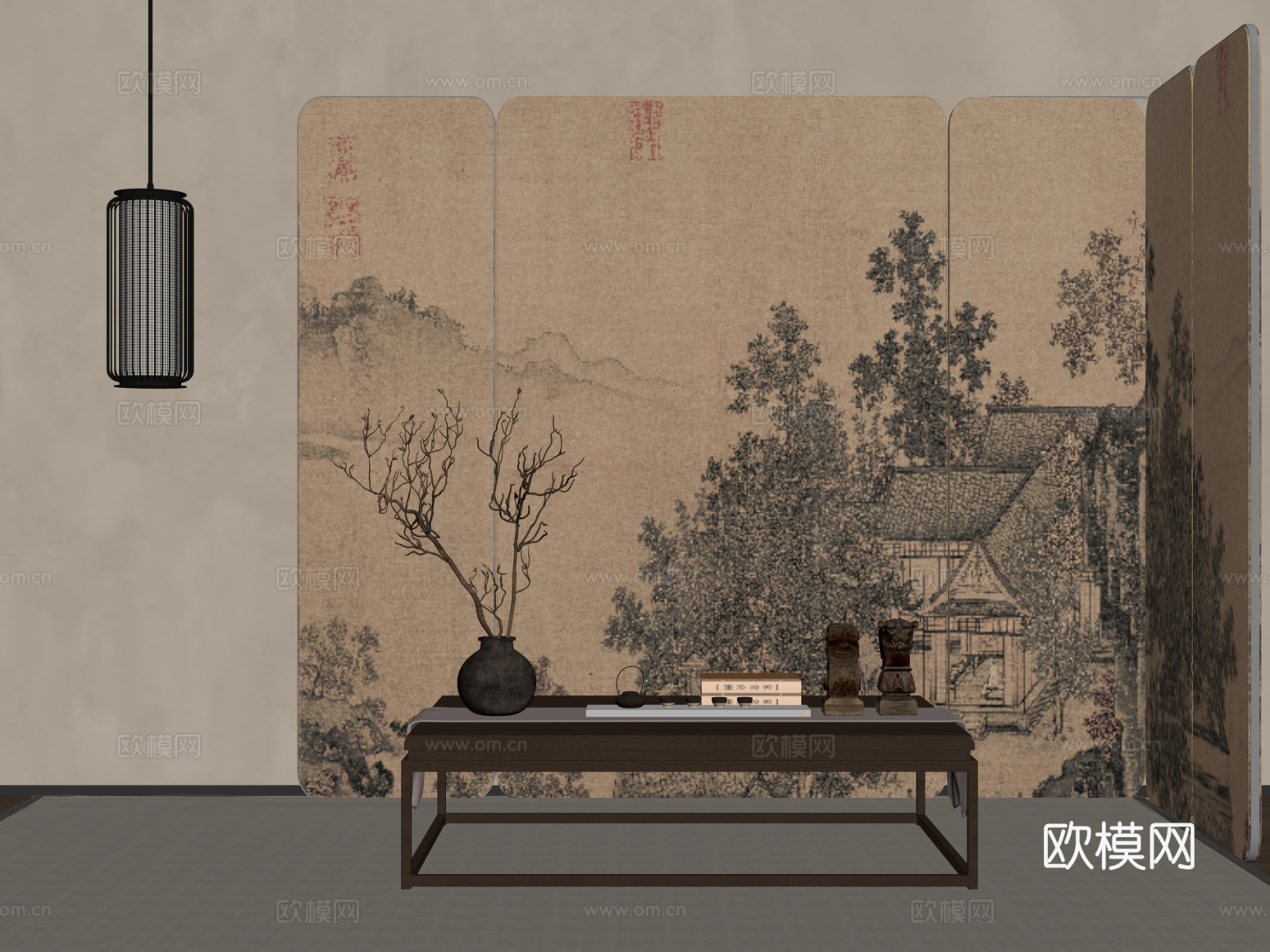05新中式屏风 茶几 吊灯su模型