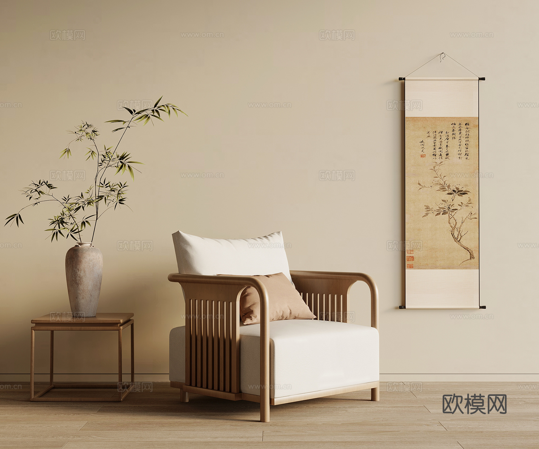 09休闲沙发 新中式休闲沙发 单人沙发 盆景绿植 装饰画3d模型