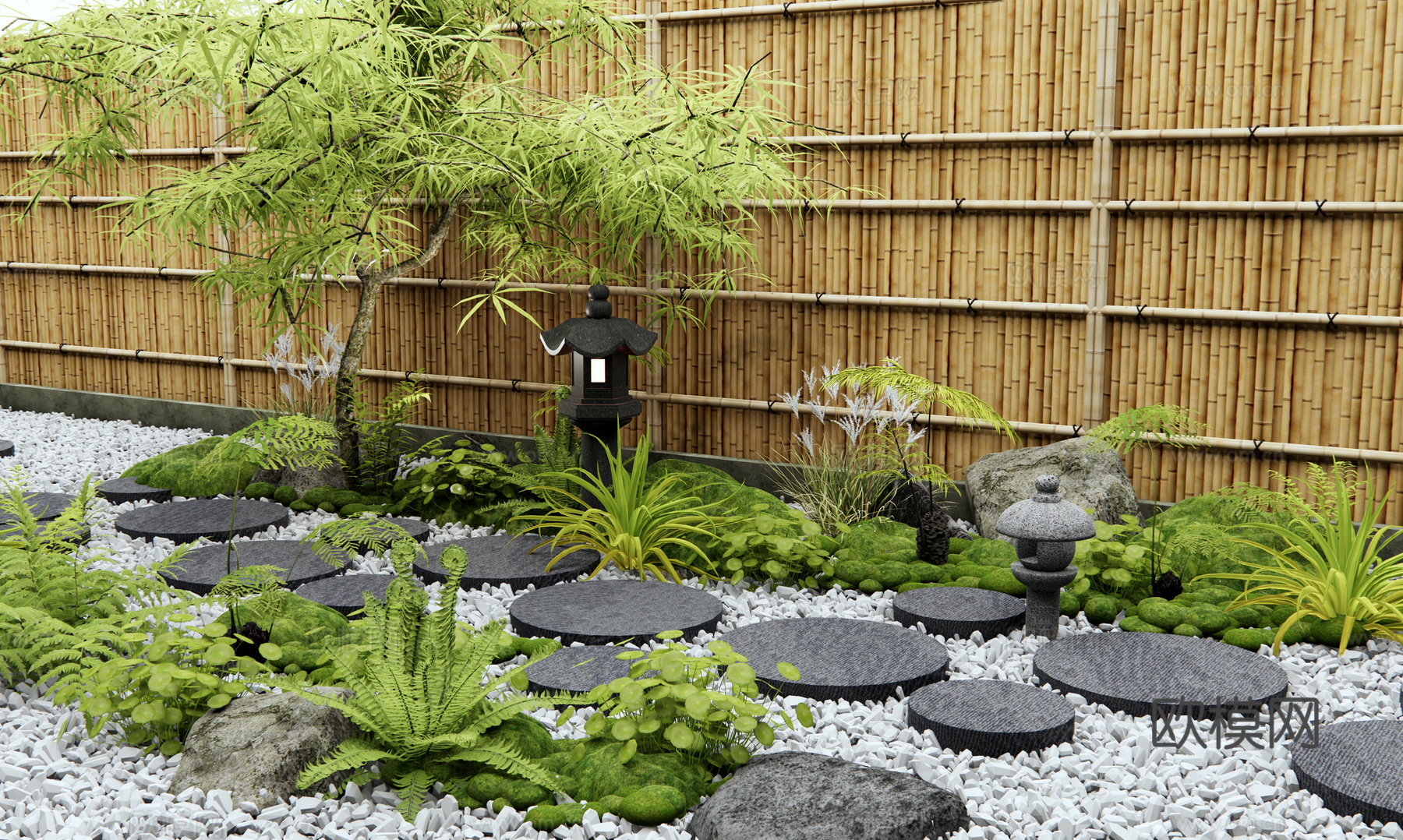 日式新中式汀步 禅意庭院景观 植物组合 苔藓景观 花草 枫树su模型