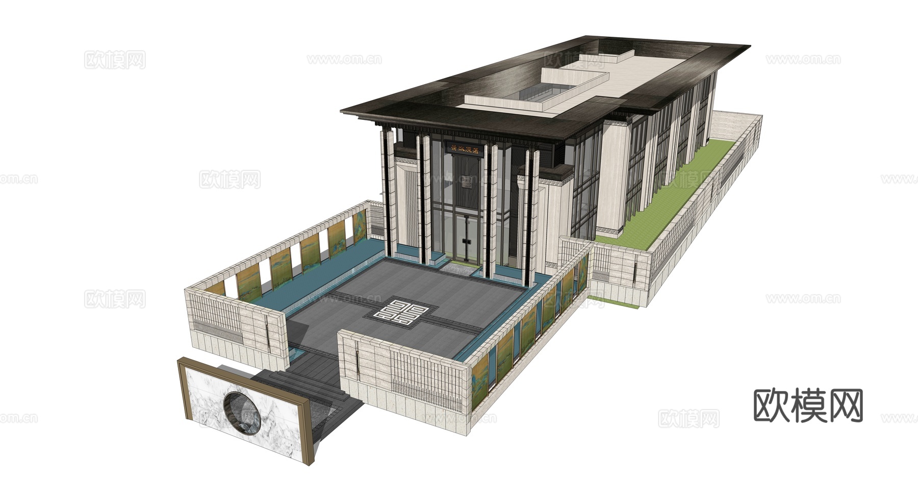 新中式售楼部建筑su模型下载