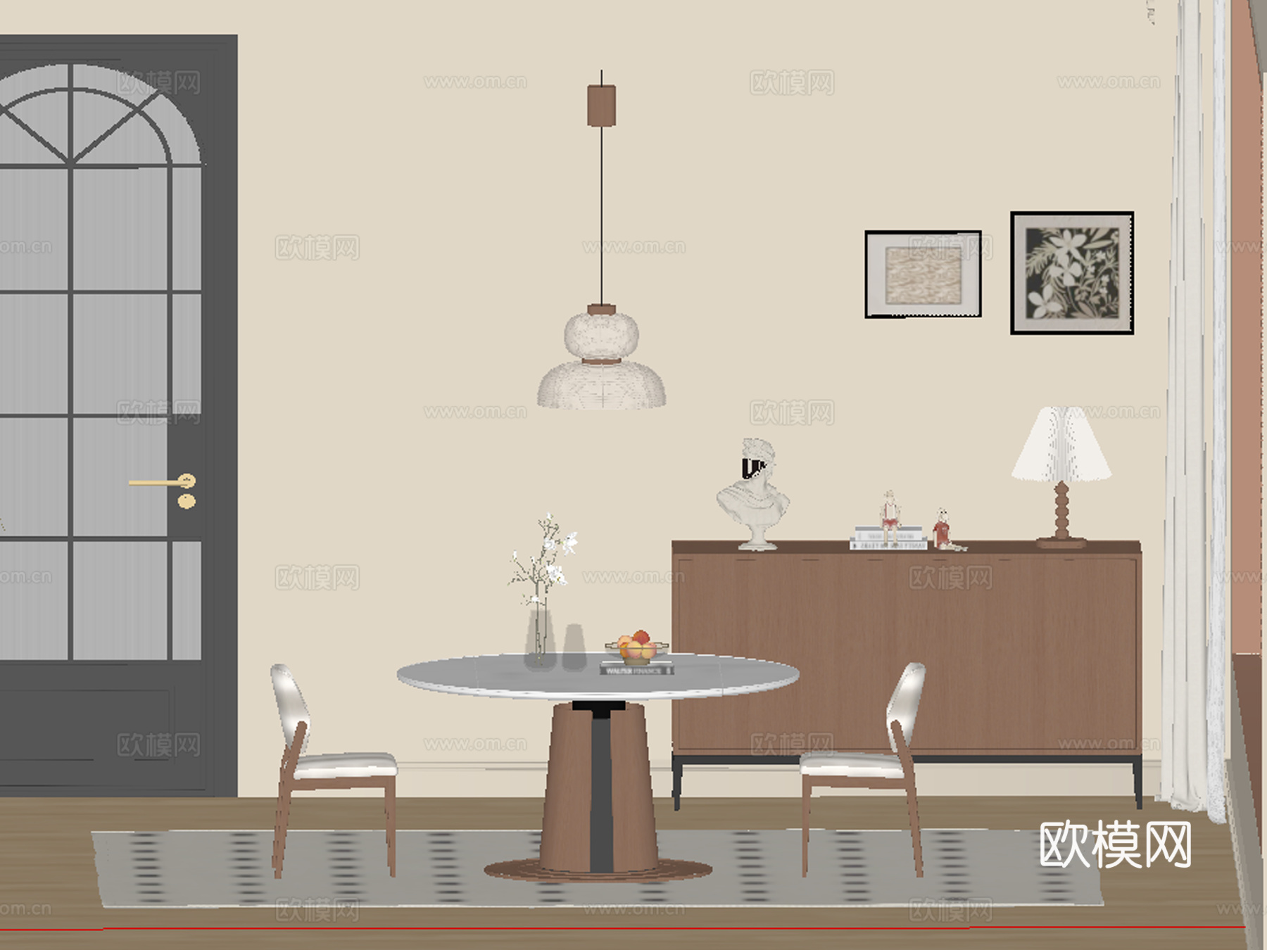 中古风餐厅 餐桌椅免费su模型下载（渲染图2）