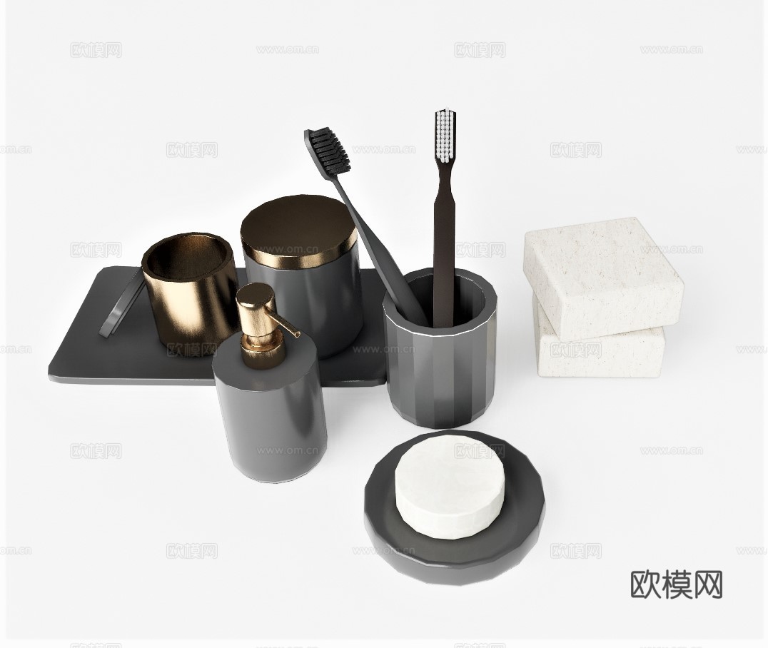 现代牙刷肥皂杯子摆件su模型下载