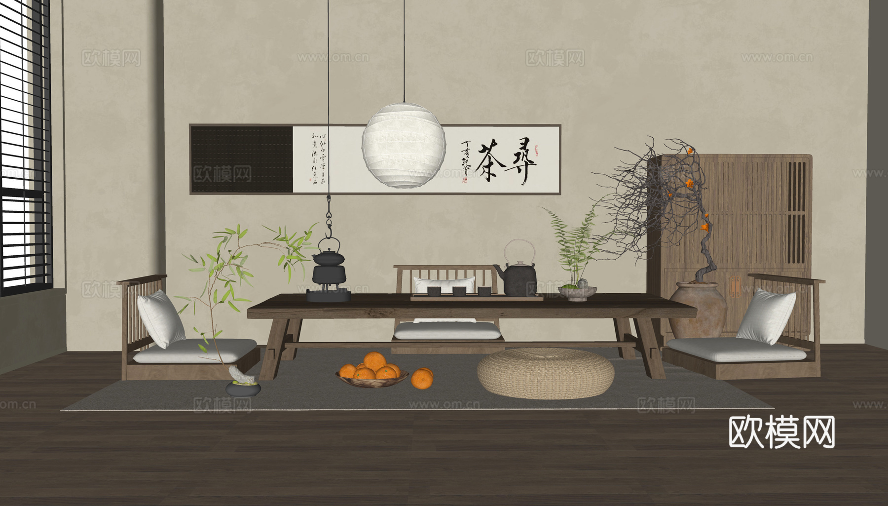 新中式茶室 榻榻米茶桌椅 茶台 茶柜 吊灯 干枝花艺 挂画su模型