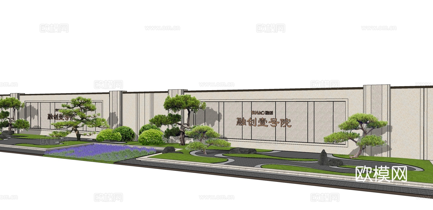 新中式山水景观墙su模型下载