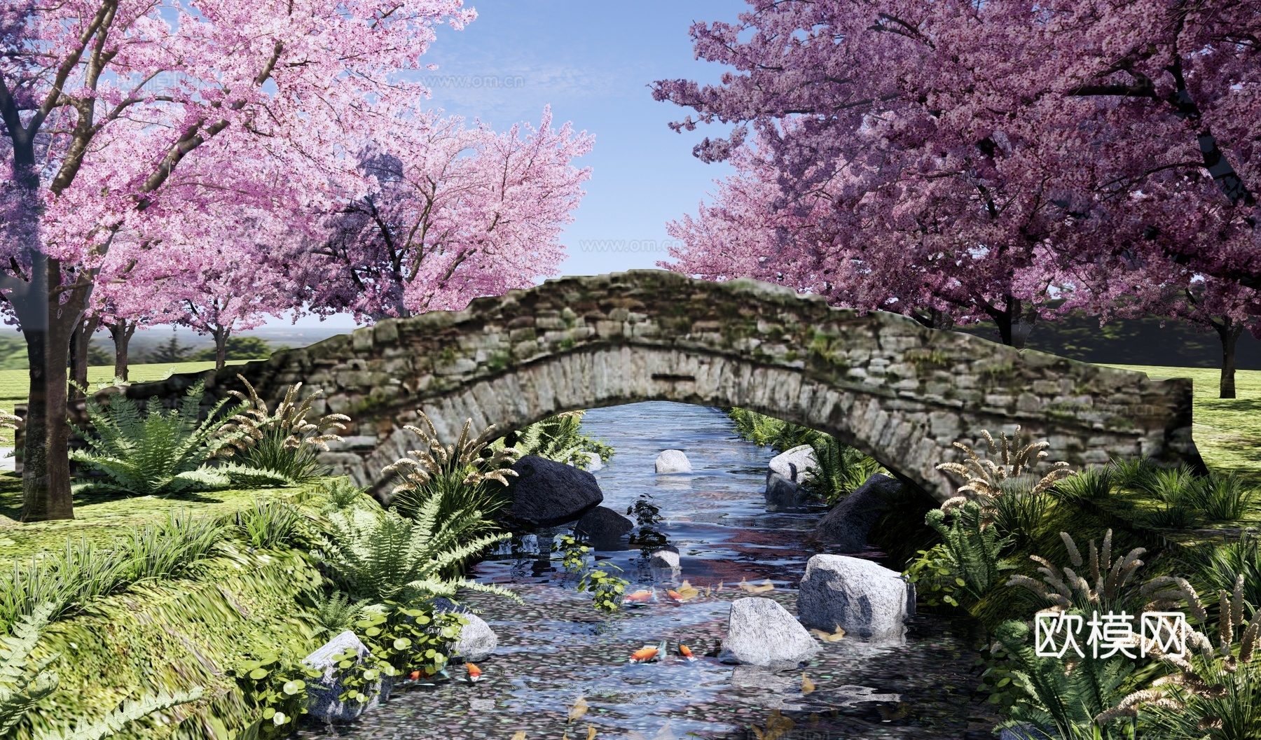 新中式景观桥 中式石拱桥 景观石桥 溪流河流 滨水河道景观su模型