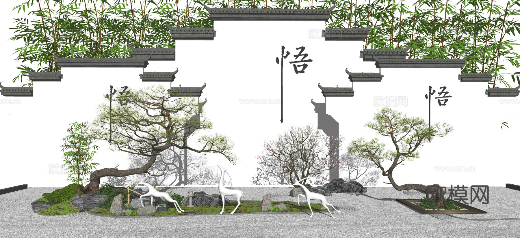 新中式景墙罗汉松树景观小品su模型下载
