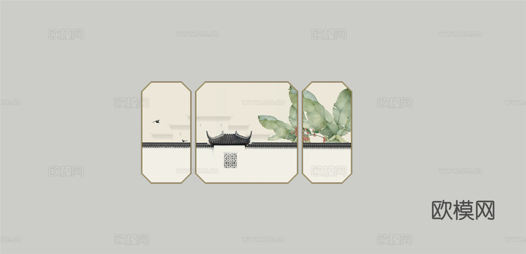新中式景墙装饰挂画su模型下载