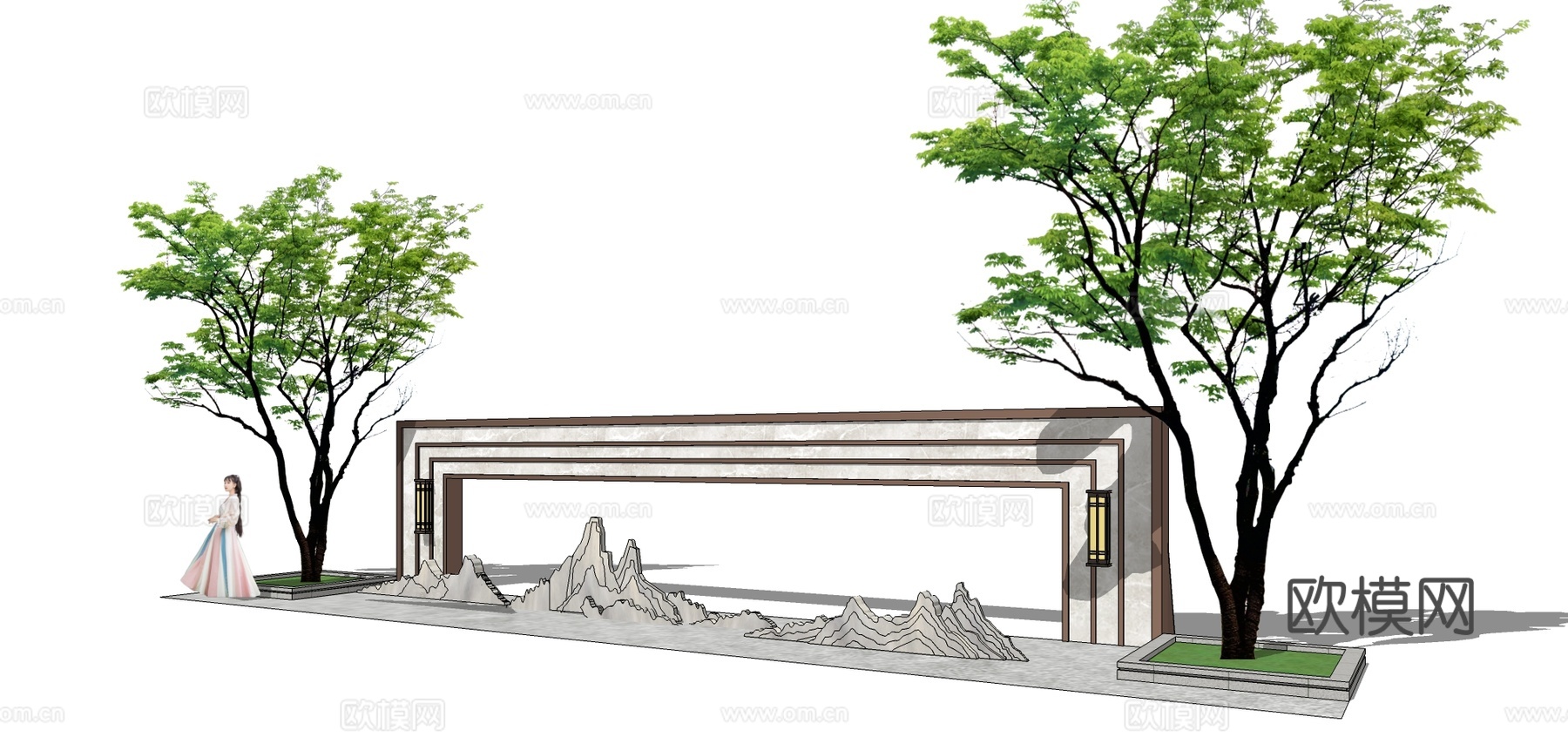 新中式山体景墙su模型下载