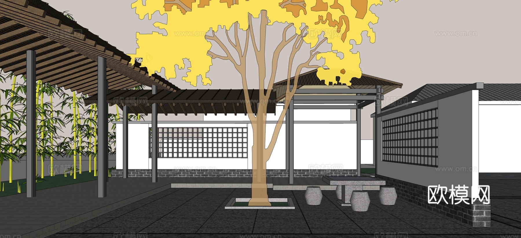 新中式广场景观su模型下载