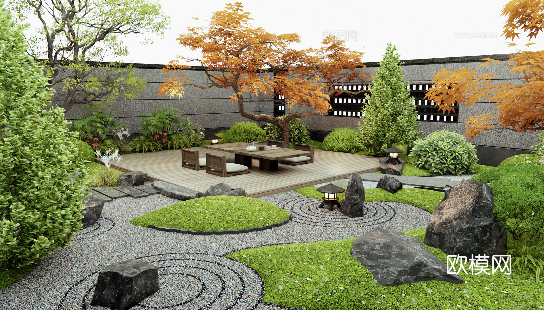 新中式禅意庭院景观 假山水景 灌木 植物造景 景观石头3d模型下载（渲染图3）