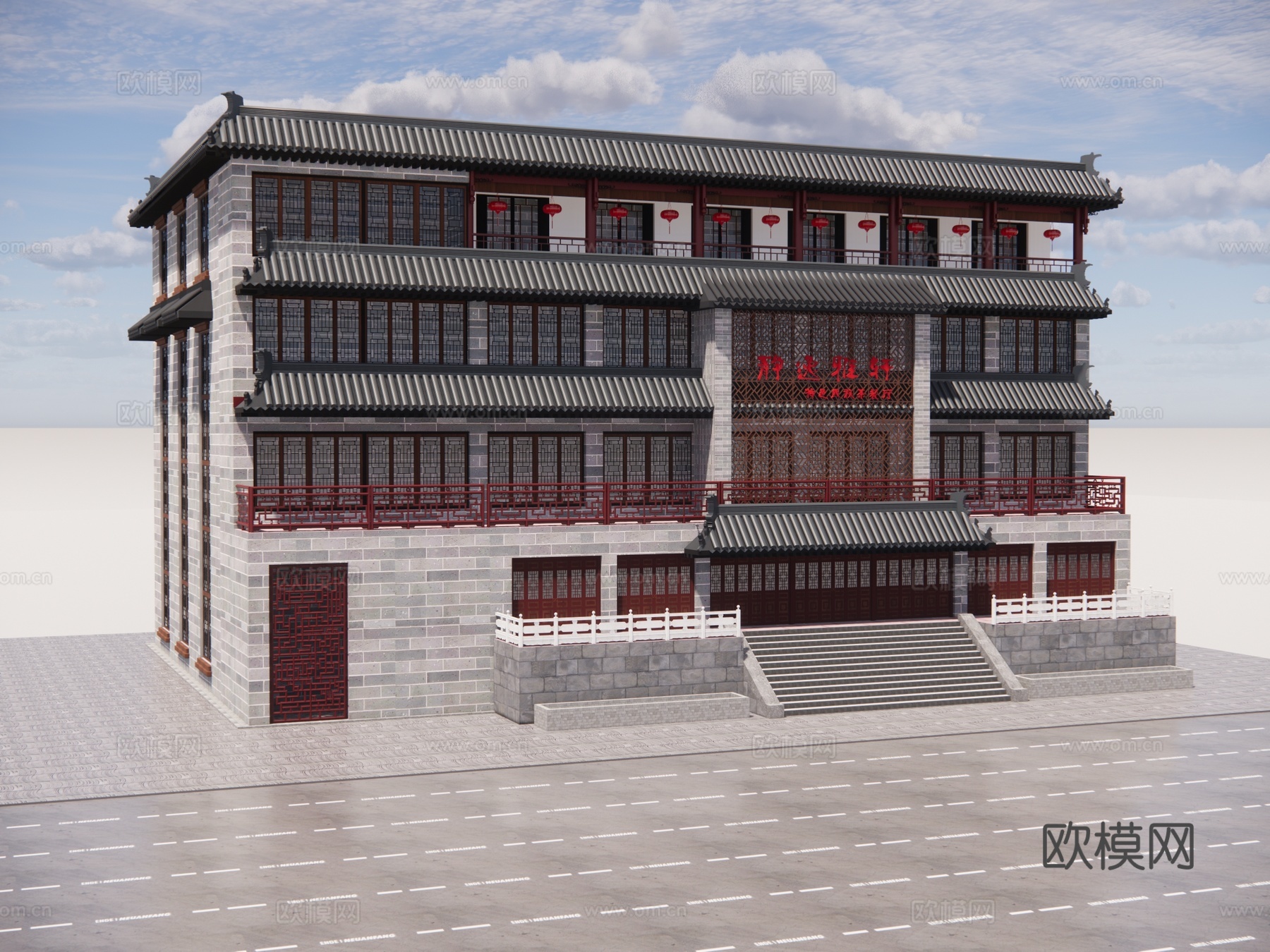 中式古建酒店外观su模型下载