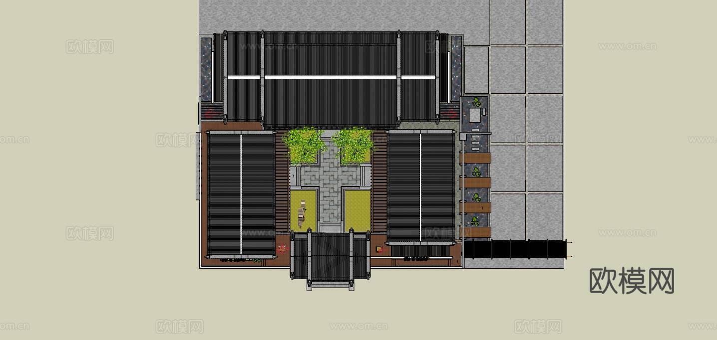 中式四合院外观su模型下载