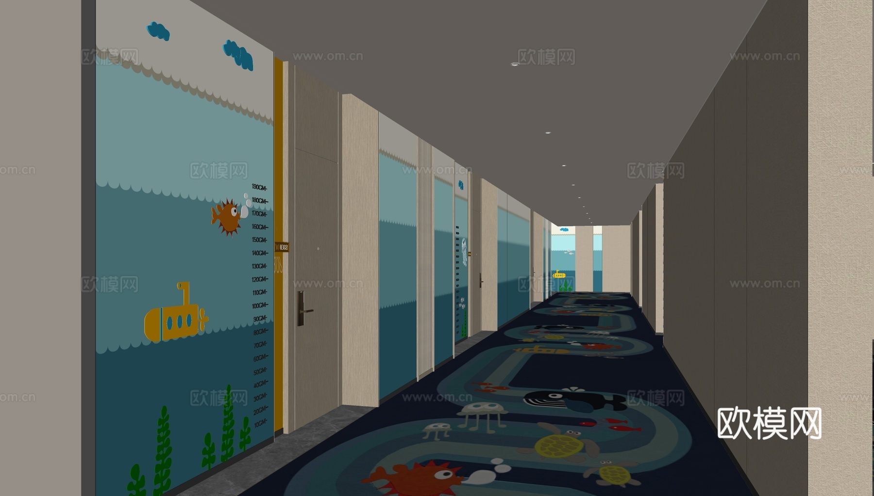 现代海洋风酒店过道su模型