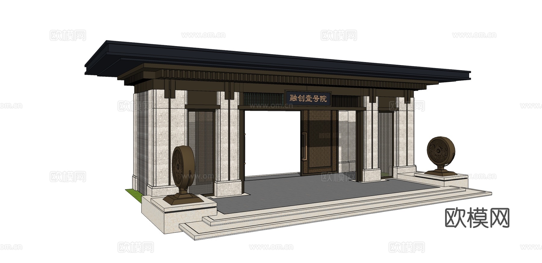新中式庭院大门su模型下载