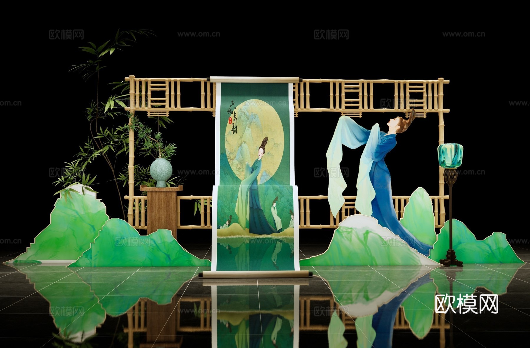 新中式美陈 只此青绿美陈布置 国潮古风美陈 国风舞台美陈展览su模型