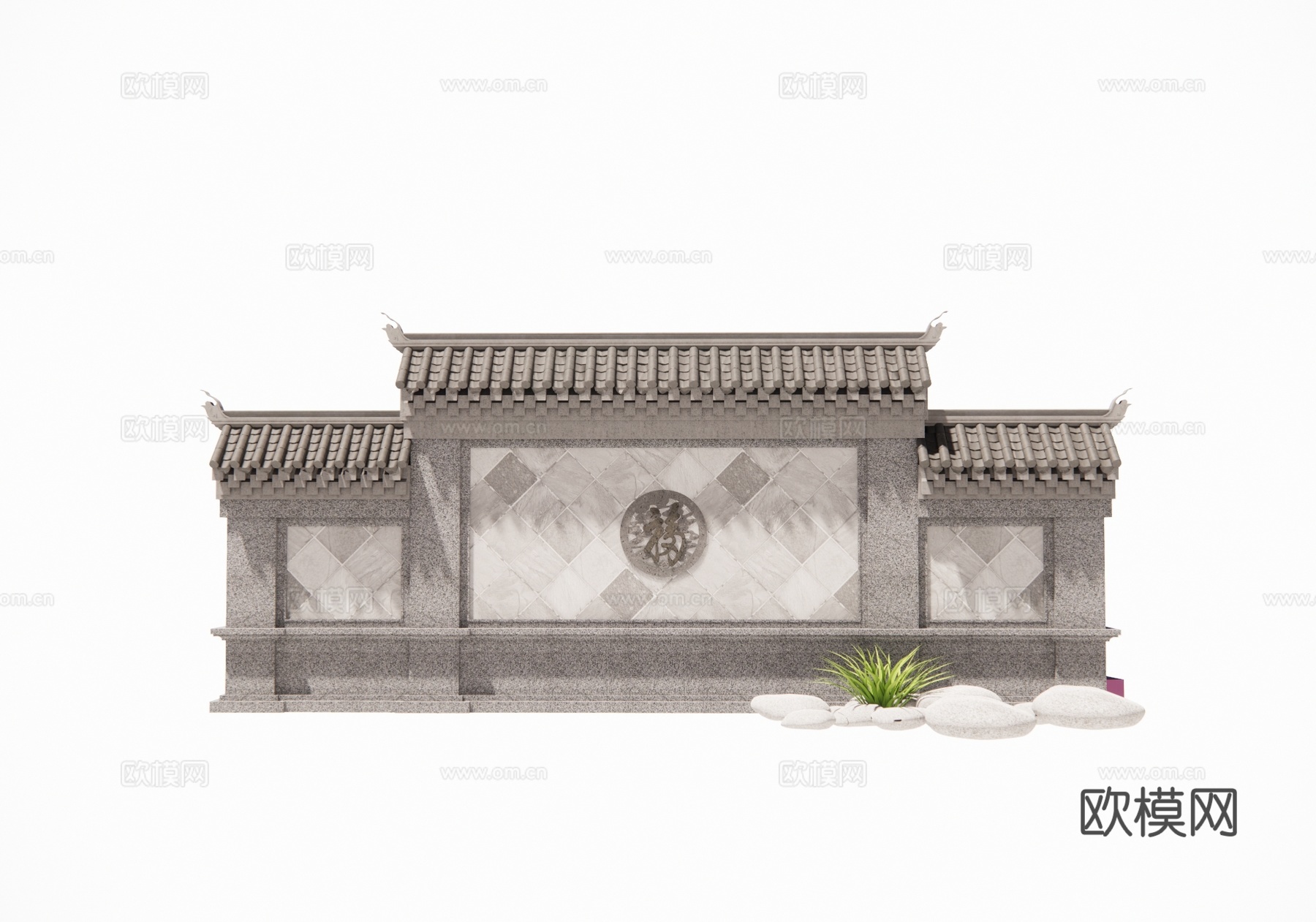 中式影壁墙su模型下载