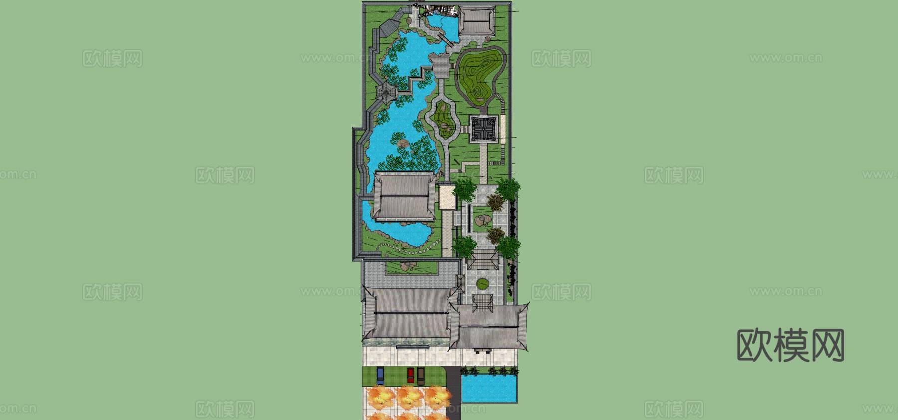 新中式公园景观su模型下载