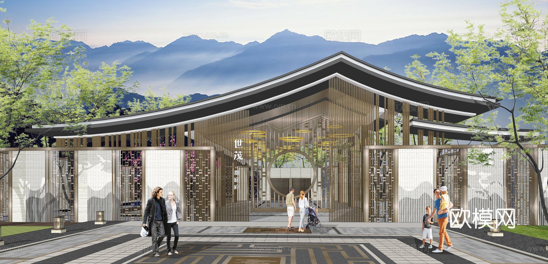 新中式示范区大门门头su模型下载