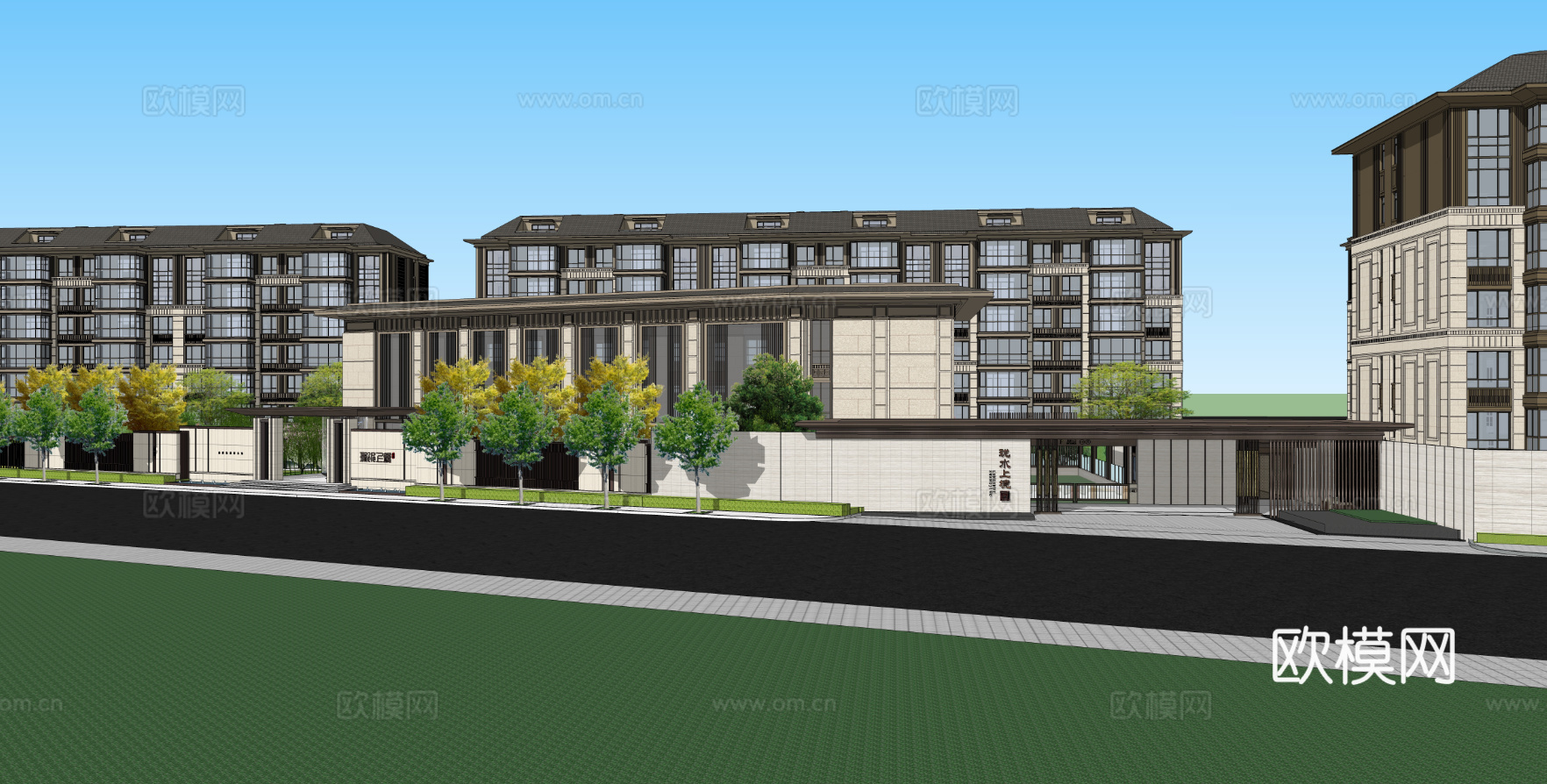 新中式小区公寓楼su模型下载