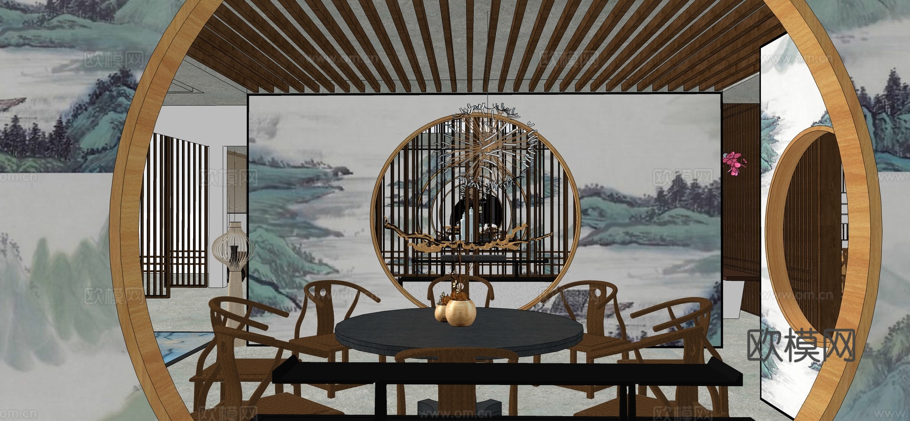 新中式山水禅意餐厅su模型下载