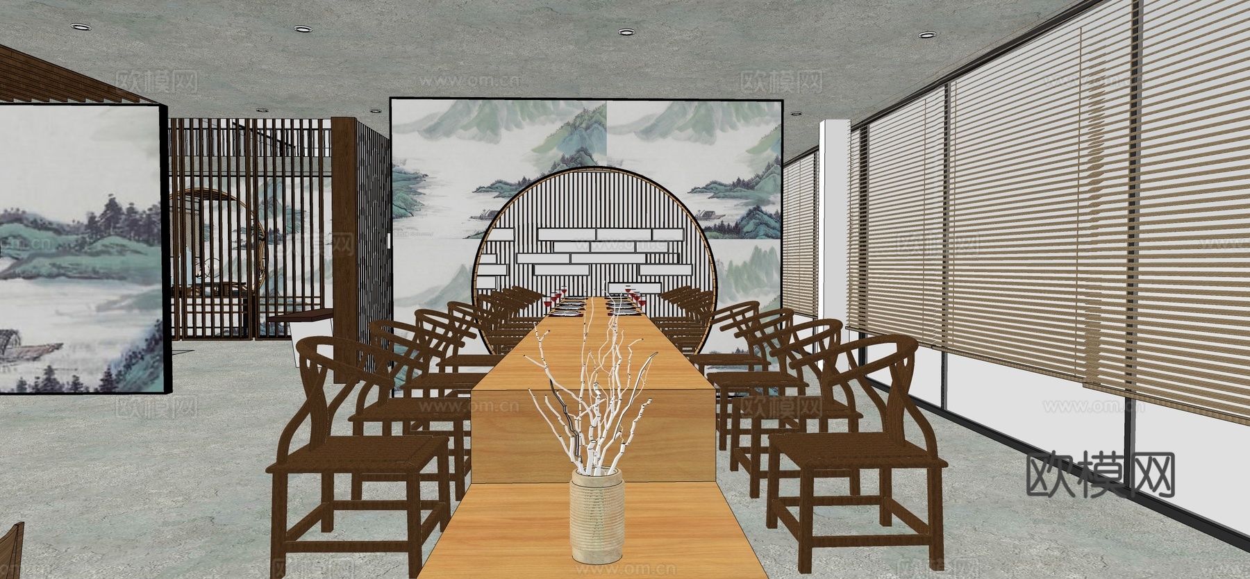 新中式山水禅意餐厅su模型下载