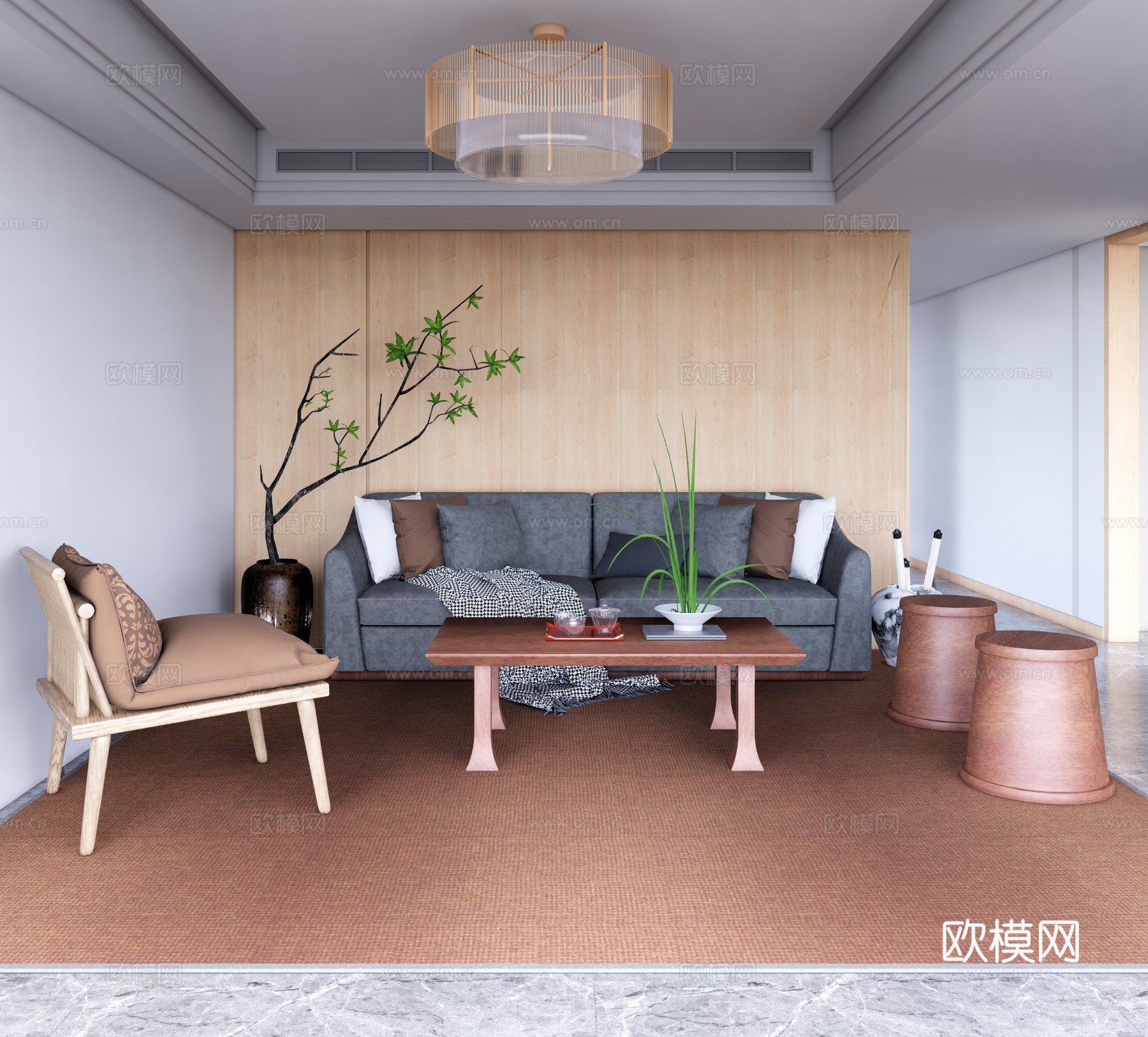 日式布艺组合沙发su模型下载