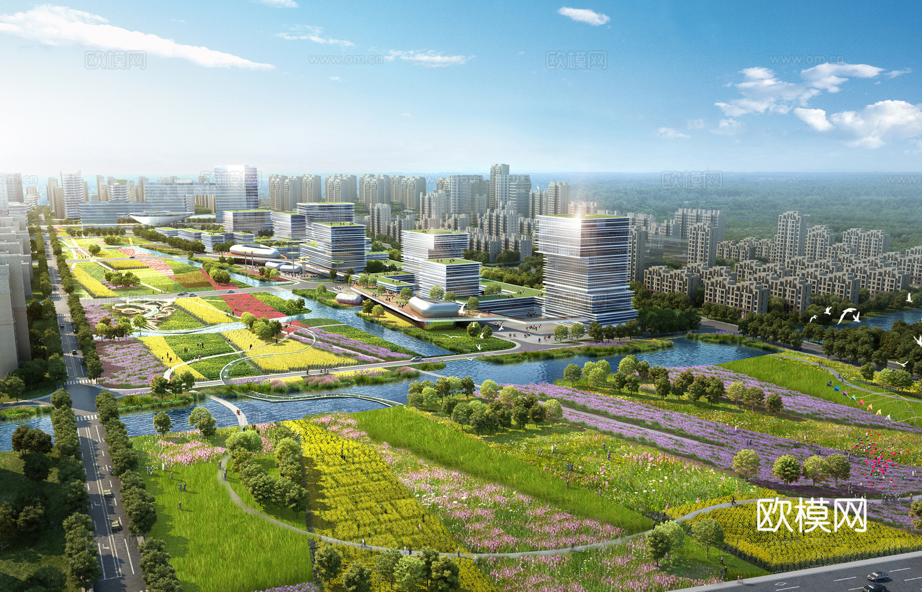 现代城市鸟瞰规划su模型下载