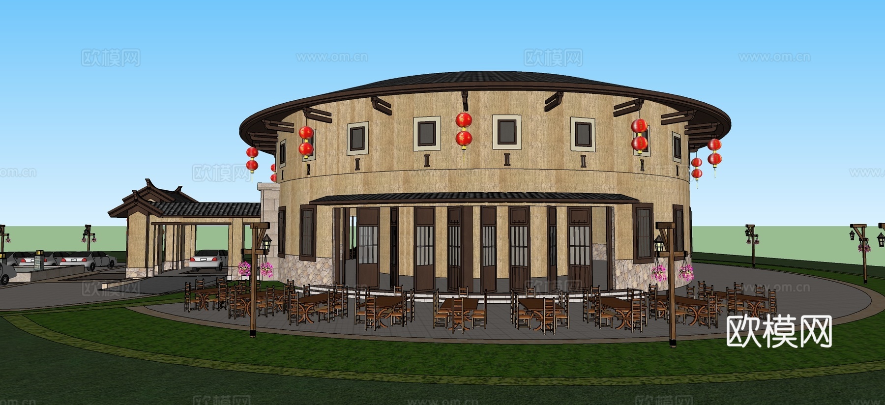 新中式土楼建筑su模型下载