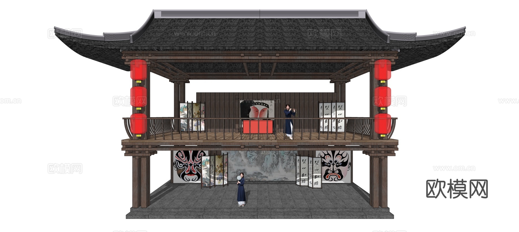 新中式古建戏台su模型下载