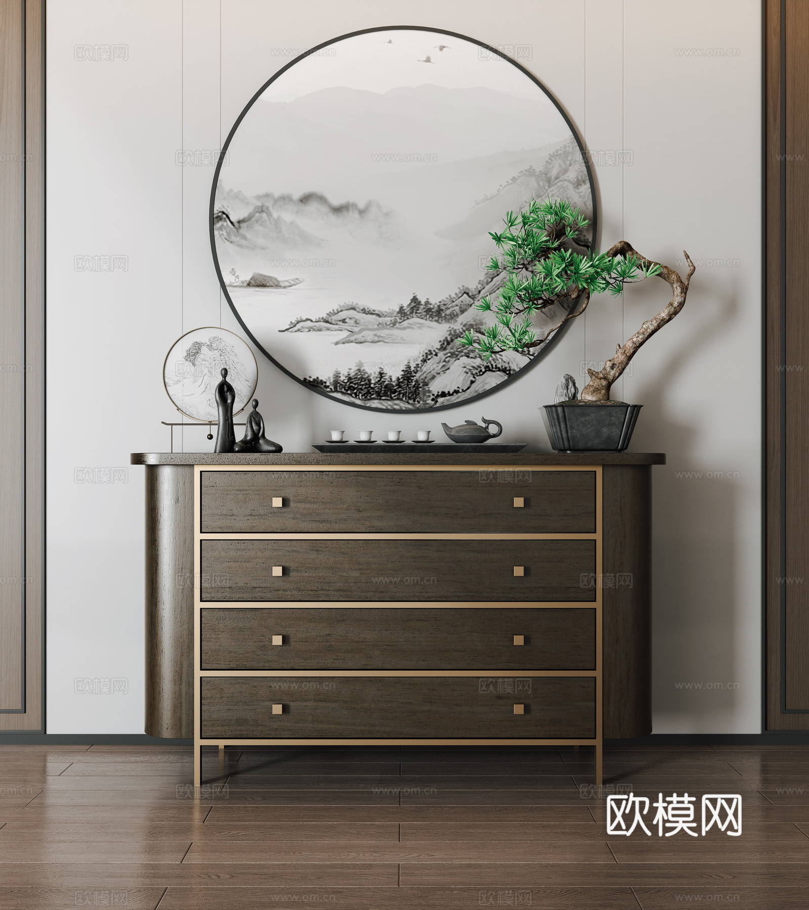 新中式玄关边柜su模型下载