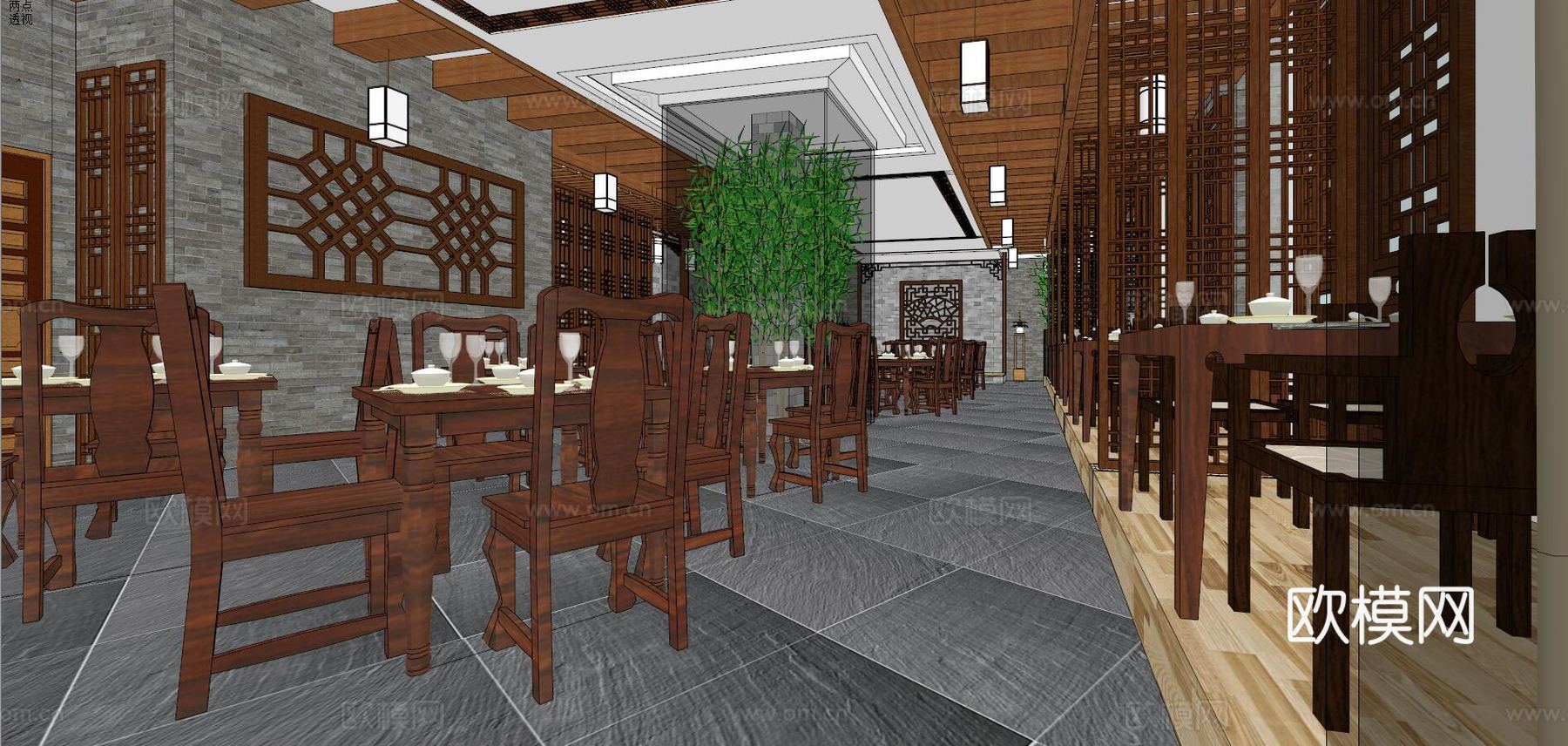 新中式餐厅su模型下载