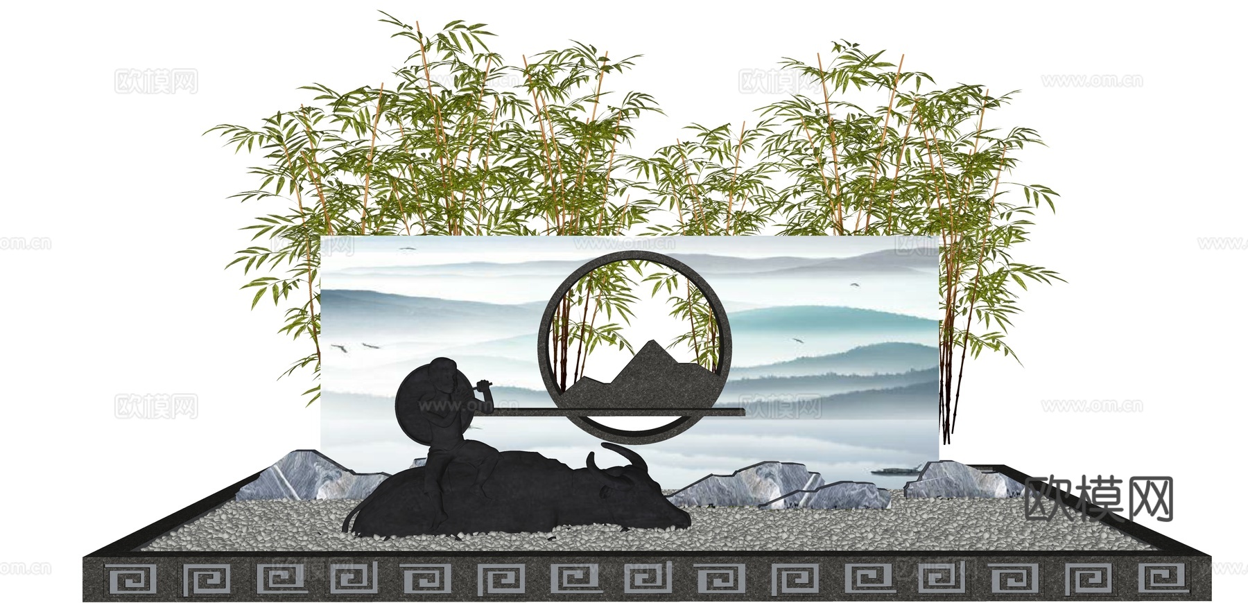新中式庭院牛雕塑枯山水景观小品su模型下载