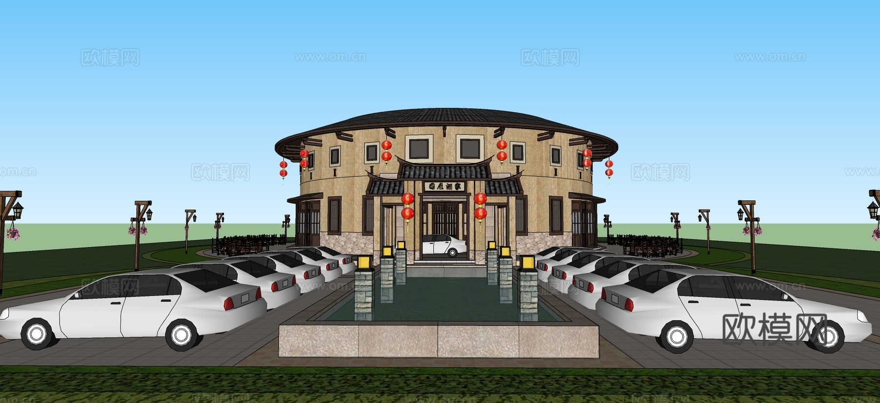 新中式土楼建筑su模型下载