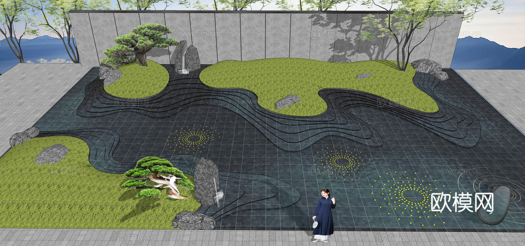 现代水景绿植景观小品su模型下载