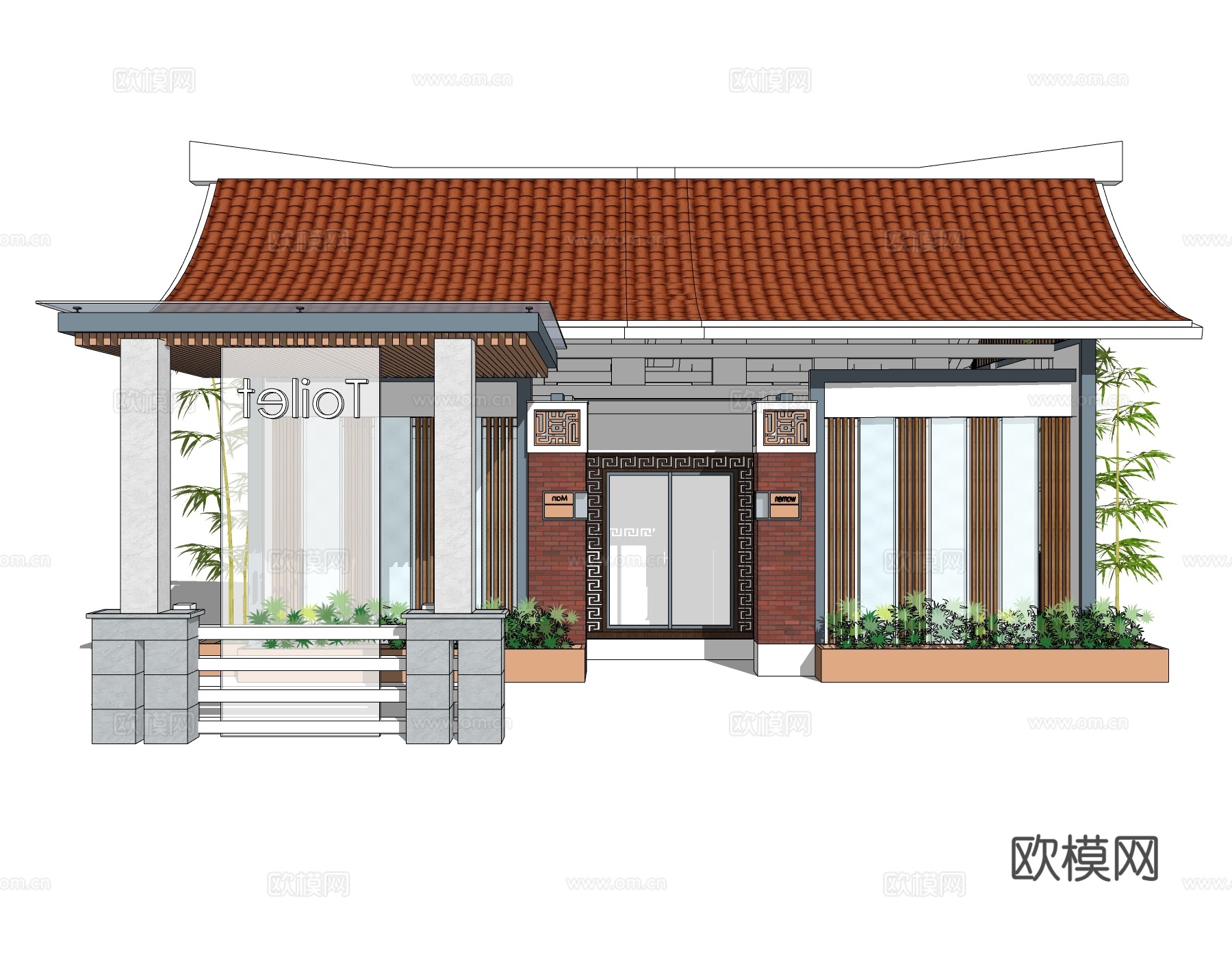 新中式公共厕所外观su模型下载
