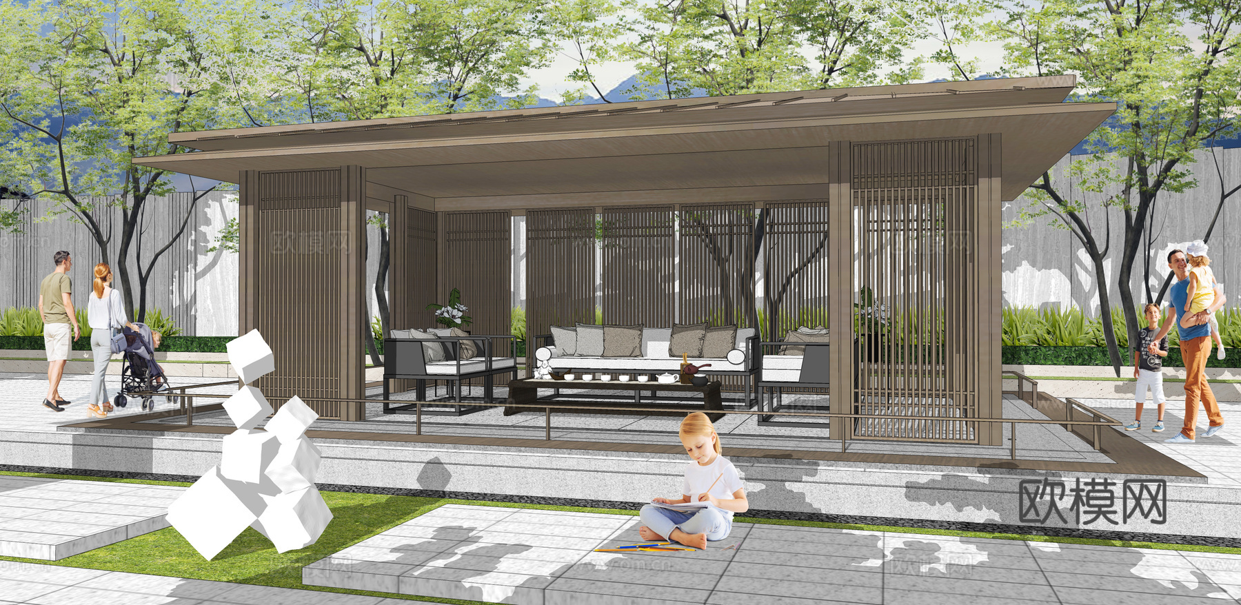 新中式住宅小区休闲廊架su模型下载